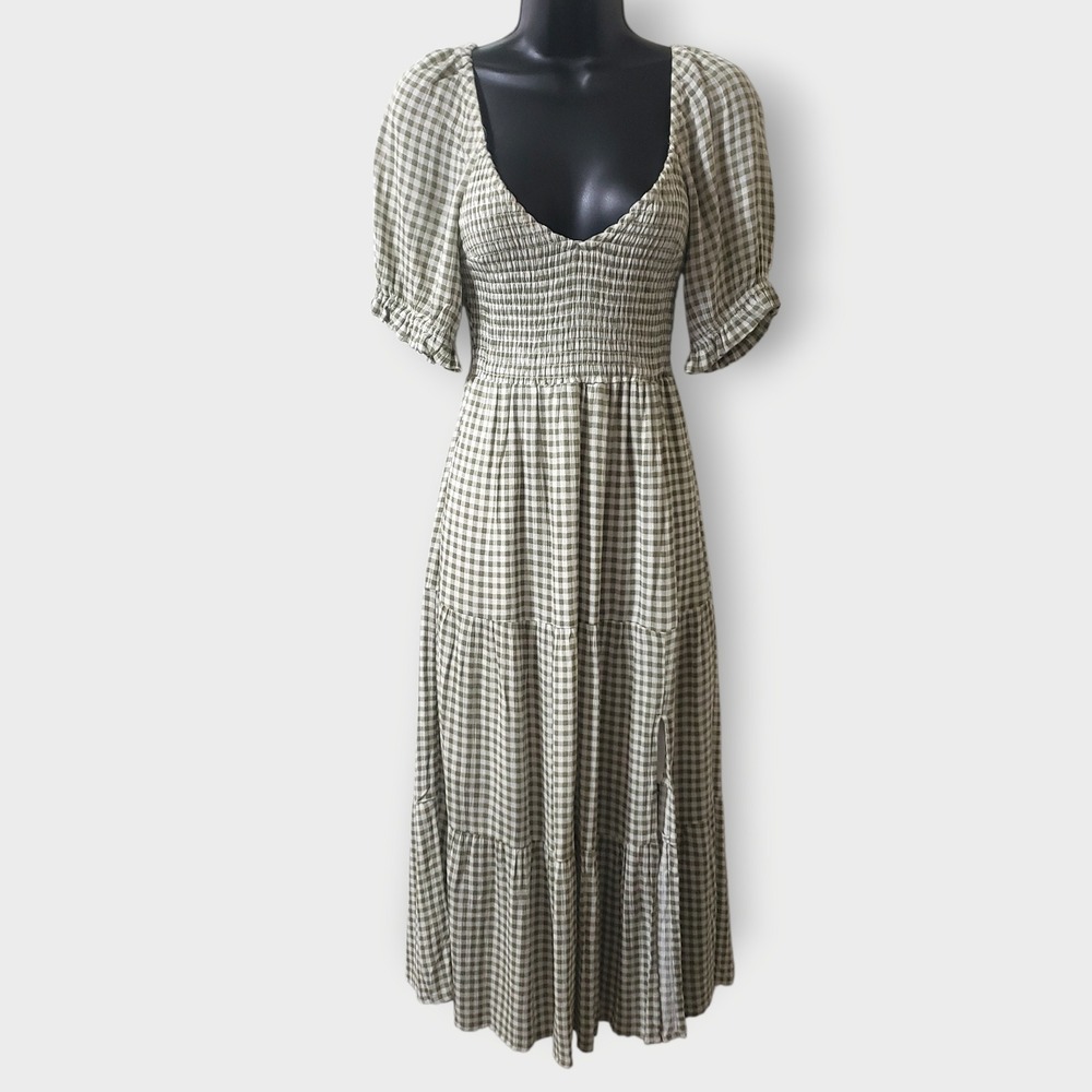 Abercrombie & Fitch Olive Gingham Smocked Midi Dress